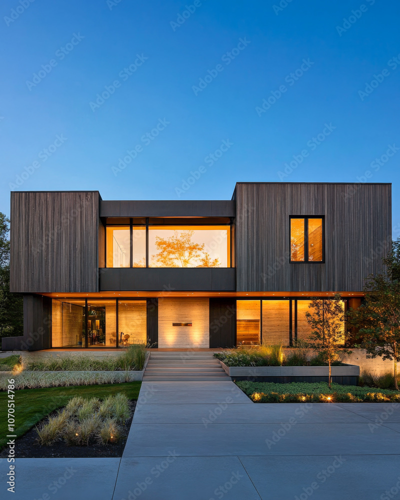 Modern house exterior at sunset showcasing sleek architectural design and warm lighting Modern house exterior at sunset showcasing sleek architectural design and warm lighting