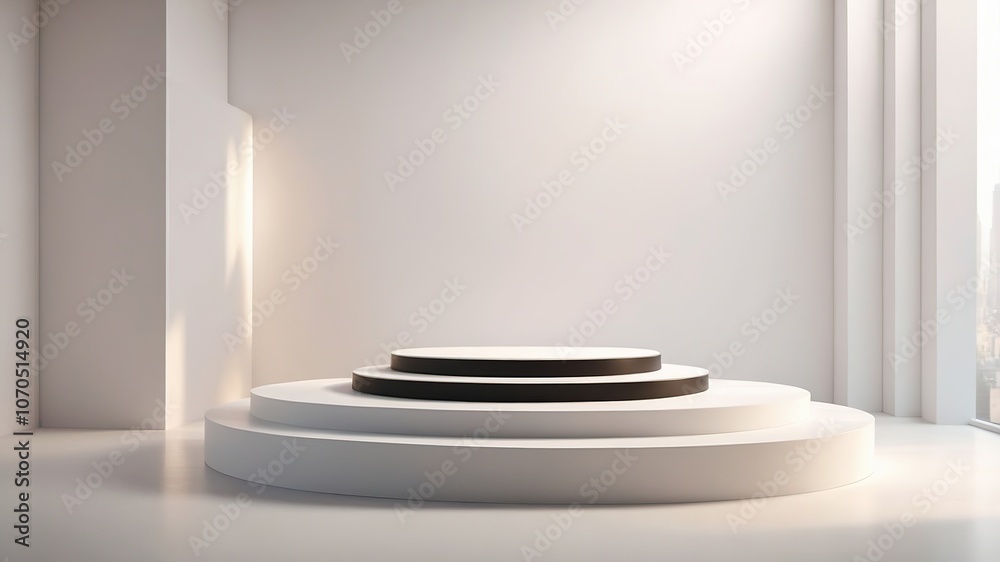 A pristine white podium, illuminated by soft light, from above. A pristine white podium, illuminated by soft light, from above.