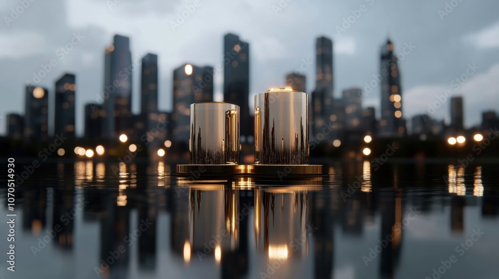 Obraz premium Golden Cylinders Reflecting City Skyline