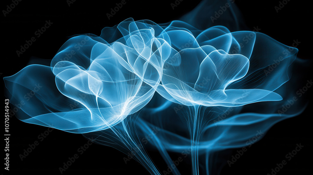 Obraz premium Glowing blue flowers with ethereal wisps on black background create mesmerizing visual. delicate shapes evoke sense of tranquility and beauty