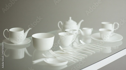 Minimalist dining setup with allwhite crockery featuring dinner forks teacups and dessert spoons arranged on a glasstopped table photo