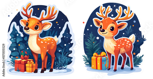 Christmas Reindeer with Festive Gifts in Snowy Forest for Holiday Season Illustration, Cutout, Isolated on Transparent PNG/White 