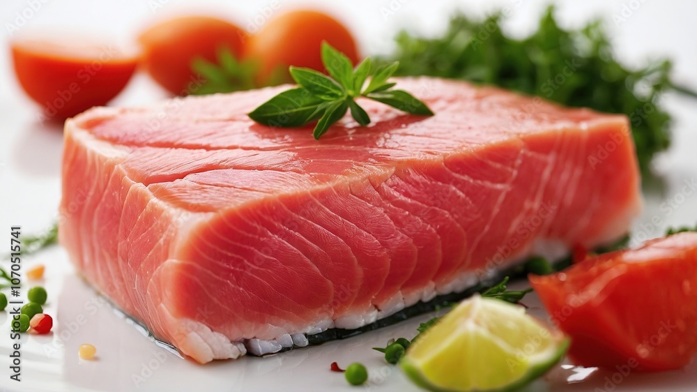 A single, fresh tuna fillet shines against the stark white background. A single, fresh tuna fillet shines against the stark white background.