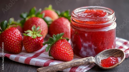 A jar of homemade strawberry jam with fresh strawberries and a wooden spoon on a red and white checkered napkin. (1)