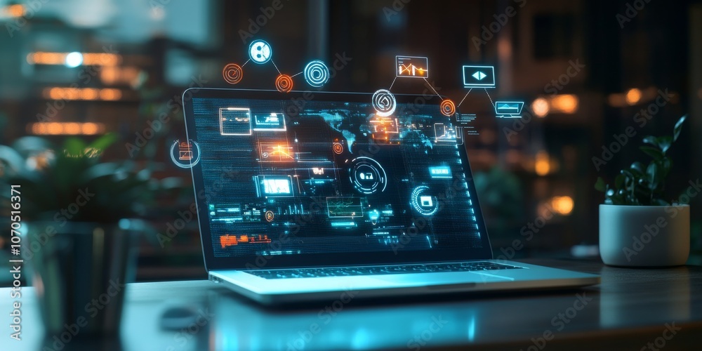 A laptop screen showing symbols that represent a video conference. A laptop screen showing symbols that represent a video conference.
