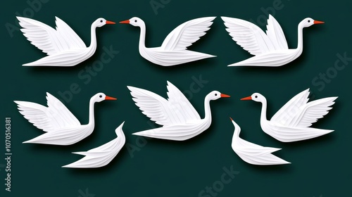 Paper Cut White Swans Flying on Teal Background Nature Bird Animal Art Craft Decoration Design