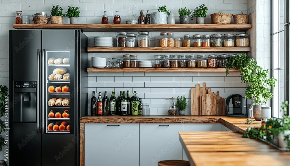 Personalized Smart Kitchen, kitchen where IoT devices assist with cooking and grocery management, such as a refrigerator with a touch screen showing recipes, Personalized Smart Kitchen, kitchen where IoT devices assist with cooking and grocery management, such as a refrigerator with a touch screen showing recipes,