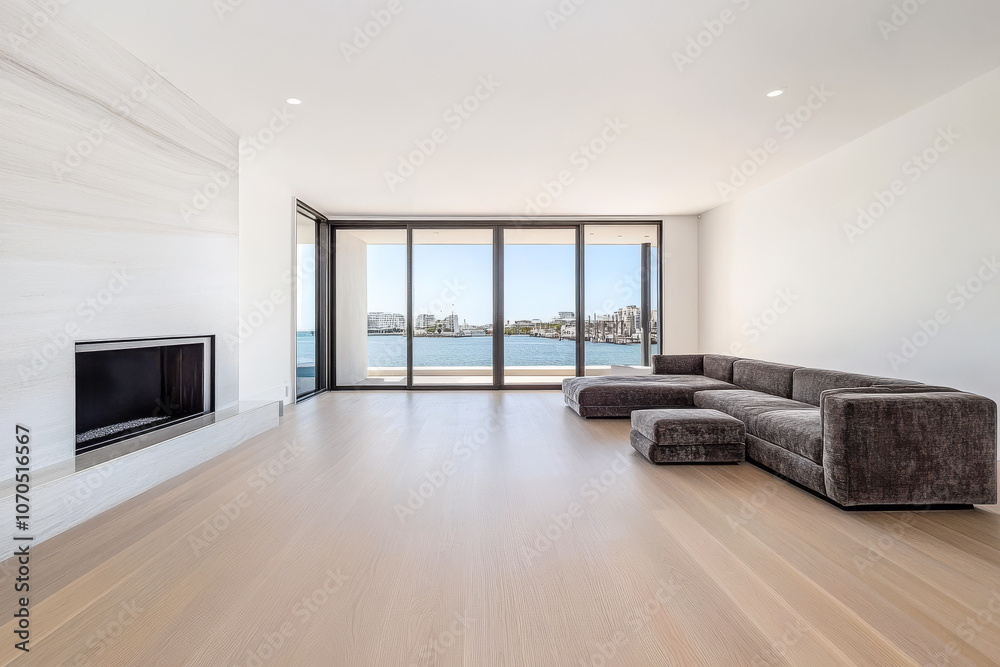 Modern waterfront living space with expansive windows and minimalist design in bright daylight Modern waterfront living space with expansive windows and minimalist design in bright daylight