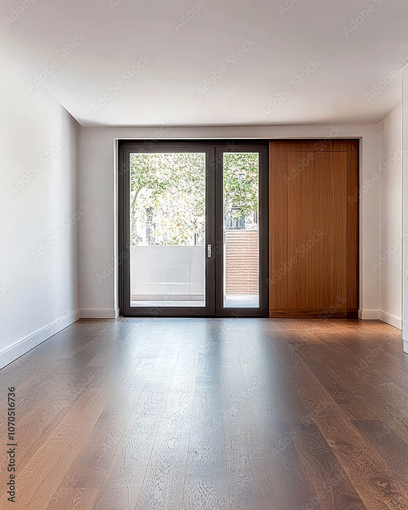 Bright interior space with large windows and wooden flooring in a modern apartment Bright interior space with large windows and wooden flooring in a modern apartment