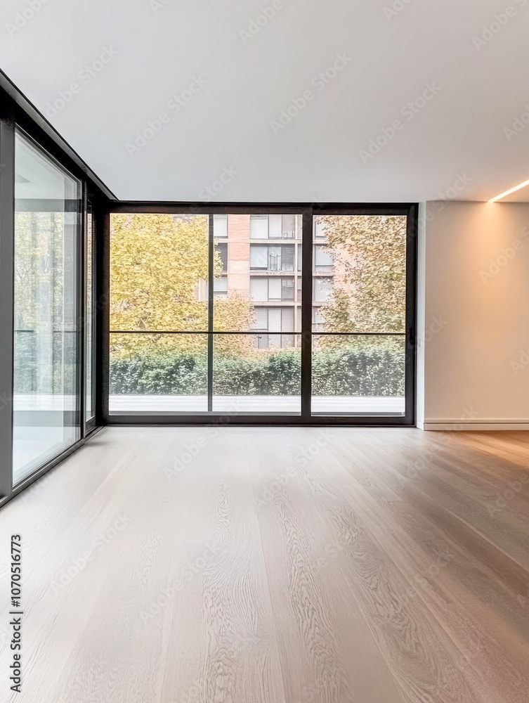 Modern living space with large windows showcasing urban greenery in a contemporary setting Modern living space with large windows showcasing urban greenery in a contemporary setting