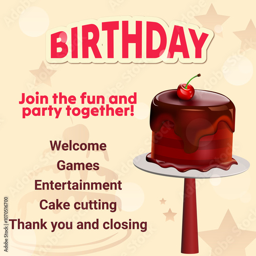 Birthday card with cake and cherry on a stand Vector illustration