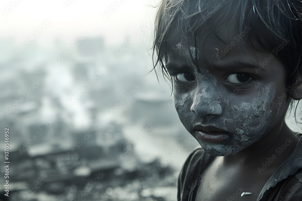 A young boy with a serious expression stares into the camera, his face smeared with dirt and grime. The background is a hazy, urban cityscape. A young boy with a serious expression stares into the camera, his face smeared with dirt and grime. The background is a hazy, urban cityscape.