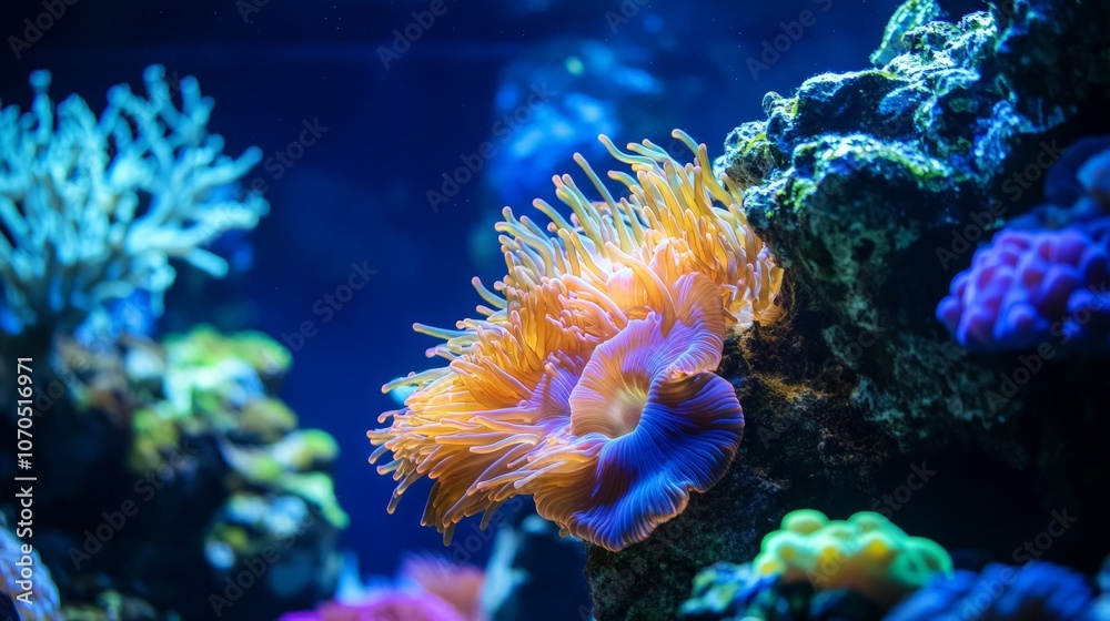 Naklejka premium Underwater Serenity, captivating deep blue textures, intricate coral formations, vibrant marine life, a mesmerizing glimpse into a thriving ocean ecosystem