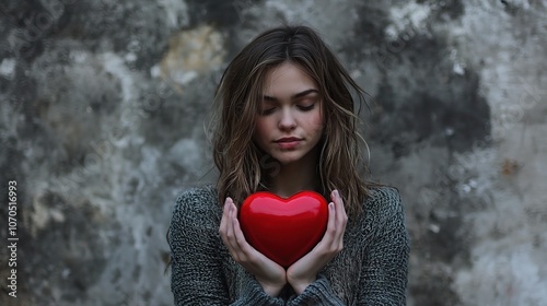 Woman Holding Heart Symbol in Urban Setting