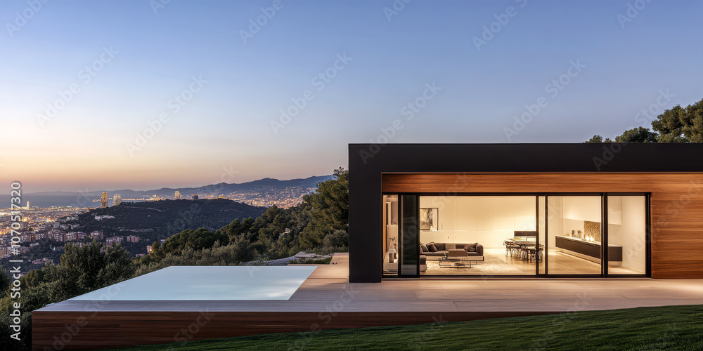 Modern hillside house with panoramic views of the sunset over cityscape in Barcelona Modern hillside house with panoramic views of the sunset over cityscape in Barcelona