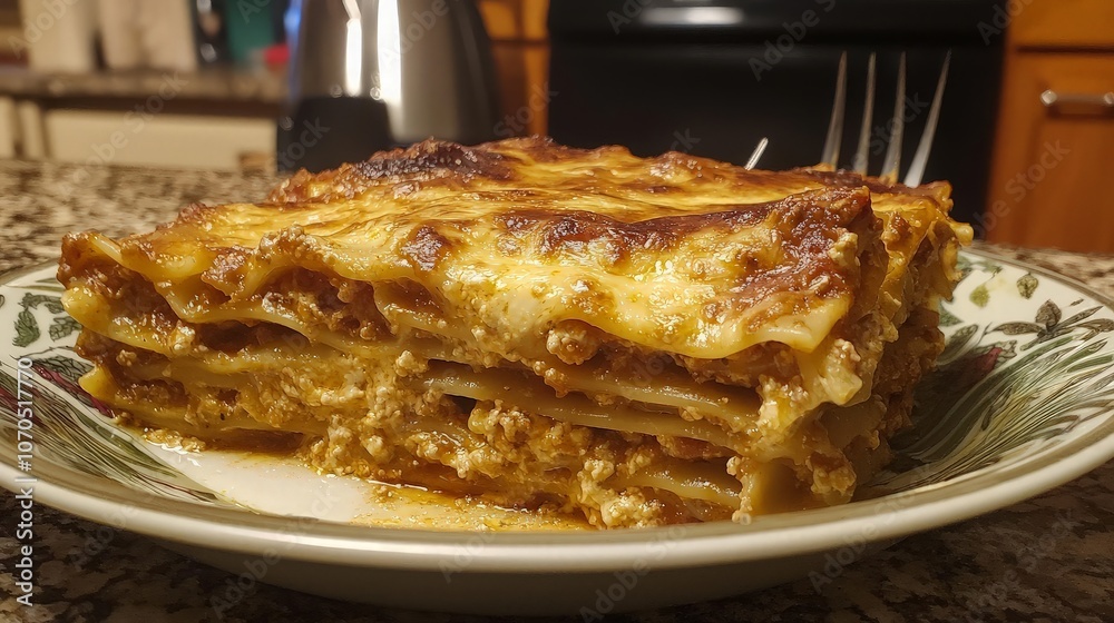 A single serving of lasagna, a classic Italian dish, on a plate. A single serving of lasagna, a classic Italian dish, on a plate.