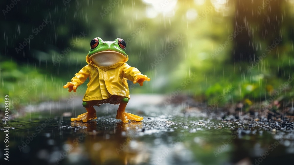 Cute Frog in Raincoat Stands in Puddle Outdoors Cute Frog in Raincoat Stands in Puddle Outdoors