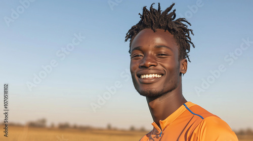 Happy Athlete in Colorful Sportswear Smiling in Open Field
