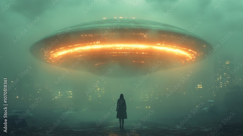 A woman stands in front of a large, glowing UFO A woman stands in front of a large, glowing UFO