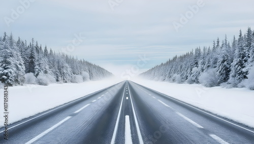 Winter Road Scene: Long Straight Highway Surrounded by Snowy Forest