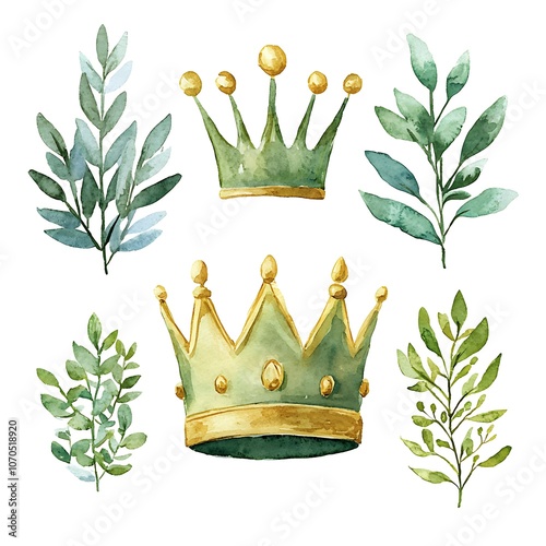 Watercolor Green Crowns and Foliage Elements.