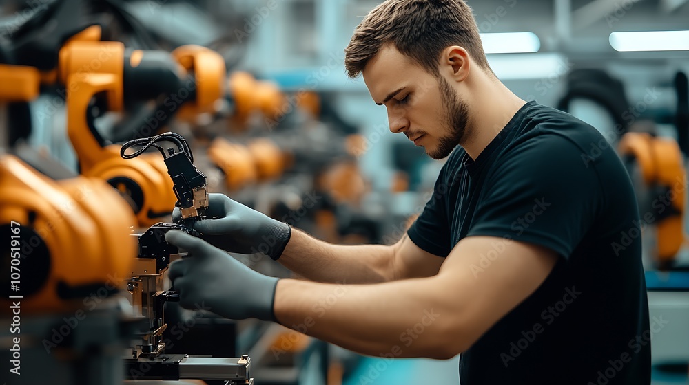 Focused engineer calibrating machinery components in a high-tech factory : Generative AI