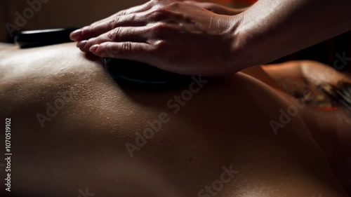 close up in massage parlor on a massage table a girl with a naked back massage with black stones laying out on special zones relaxation