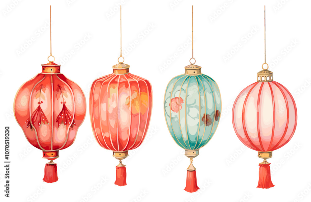 Colorful paper lanterns on isolated transparent background Colorful paper lanterns on isolated transparent background