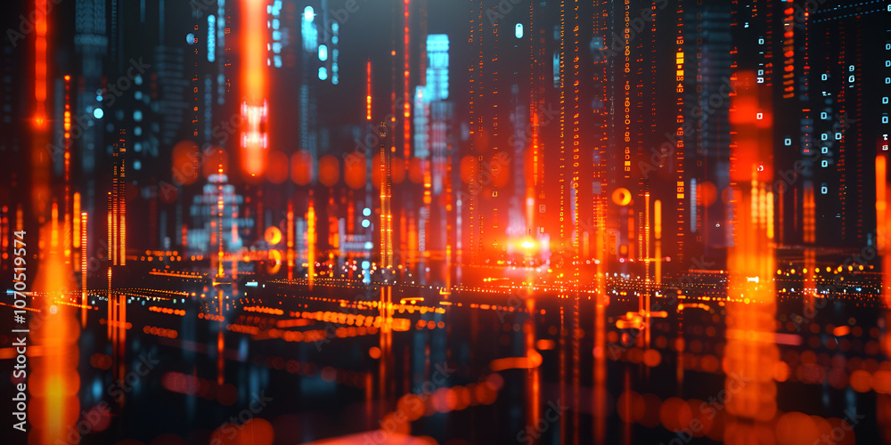 Fototapeta premium Digital City with Red and Blue Lights, Futuristic Virtual Cityscape with Glowing Data