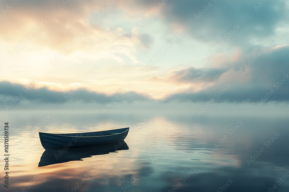 A Small Boat Alone on a Misty Lake at Sunset A Small Boat Alone on a Misty Lake at Sunset