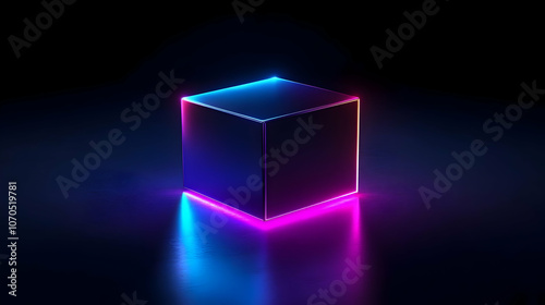 3D Render of a Black Cube Illuminated with Blue and Pink Neon Lights on a Dark Reflective Surface