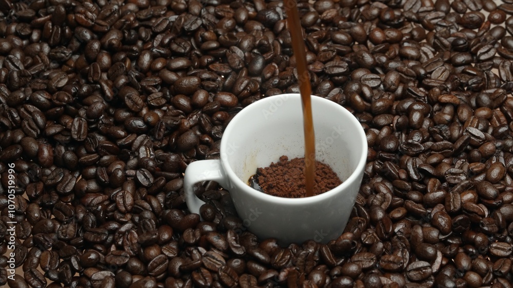 Freshly espresso was poured in white cup with pile of coffee bean. Pouring black coffee in the cup with brown background and seed scattering around on wooden table. Close up. Top view. Comestible. Freshly espresso was poured in white cup with pile of coffee bean. Pouring black coffee in the cup with brown background and seed scattering around on wooden table. Close up. Top view. Comestible.