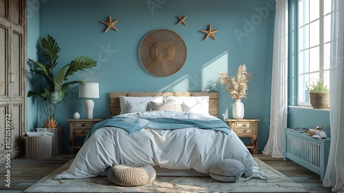 Beachthemed bedroom soft blues whitewashed decor and coastal accents for a tranquil getaway feel photo