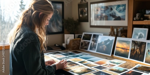 A photographer is reviewing photos from a photoshoot. She's in her studio, looking at prints spread out on her desk.