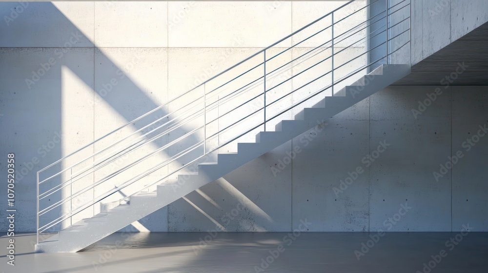 A modern concrete staircase with a minimalist design and railing in a well-lit space. A modern concrete staircase with a minimalist design and railing in a well-lit space.