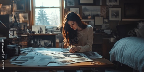 A photographer is reviewing photos from a photoshoot. She's in her studio, looking at prints spread out on her desk.