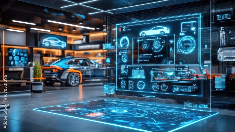 High-Tech Car Showroom with Digital Interface High-Tech Car Showroom with Digital Interface