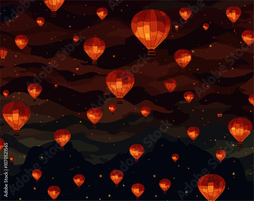 Minimal style illustration of paper lanterns floating at night