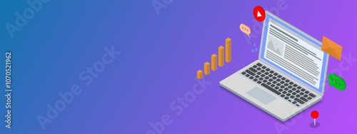 Digital marketing agency, digital media campaign with laptop, web, mail, graph and location pointer isometric on gradient background