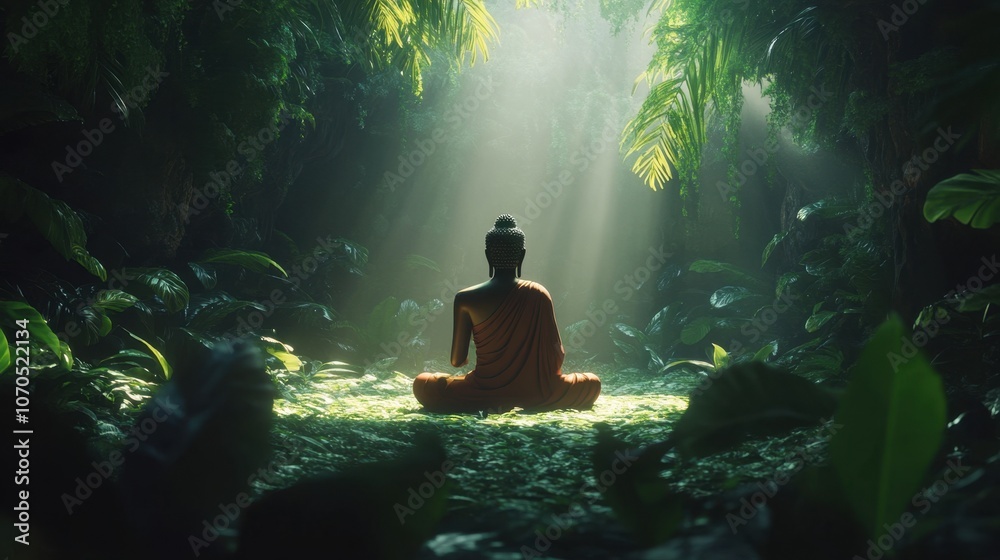 Peaceful Buddha in Lush Green Jungle Light Peaceful Buddha in Lush Green Jungle Light