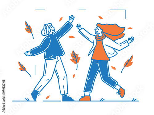 Illustration of two people joyfully greeting each other amidst falling leaves in an autumn setting.