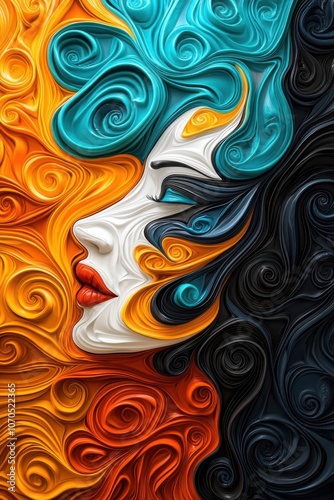 A vibrant digital artwork showcasing a woman's face with swirling colors that represent emotions and creativity.