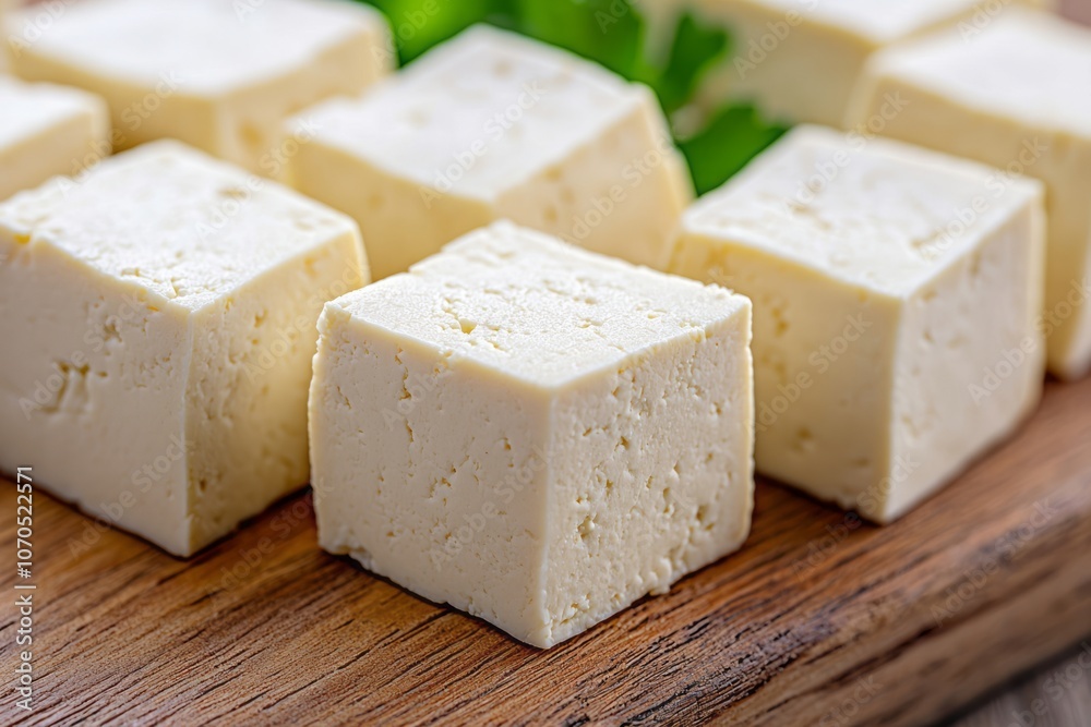 Freshly cut blocks of tofu arranged neatly on a wooden board with green garnish Freshly cut blocks of tofu arranged neatly on a wooden board with green garnish