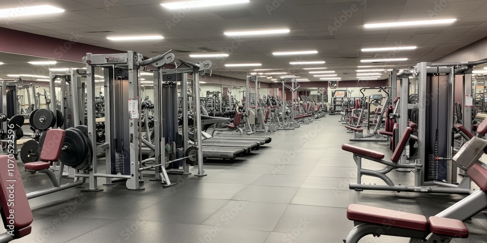 Fototapeta premium A picture of an empty gym with lots of workout equipment, but no people in it.