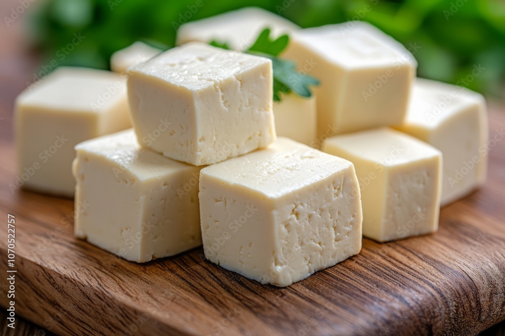 Freshly cut cubes of soft cheese placed on a wooden board surrounded by greenery Freshly cut cubes of soft cheese placed on a wooden board surrounded by greenery