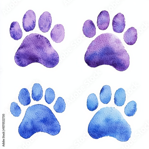 Colorful watercolor pet paw prints in purple and blue on a white background. photo