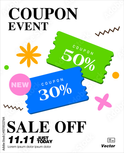 New coupon event banner template with floating coupon code, price off in percentage, isolated on white background. Promotional gift voucher popup poster. Vector coupon. Vector illustration