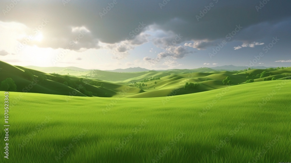 Vibrant Green Landscape with Dramatic Sky