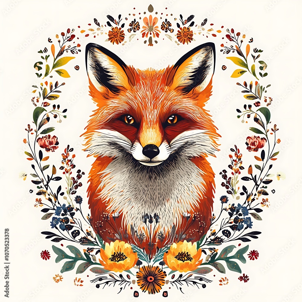 A red fox with a floral wreath. A red fox with a floral wreath.