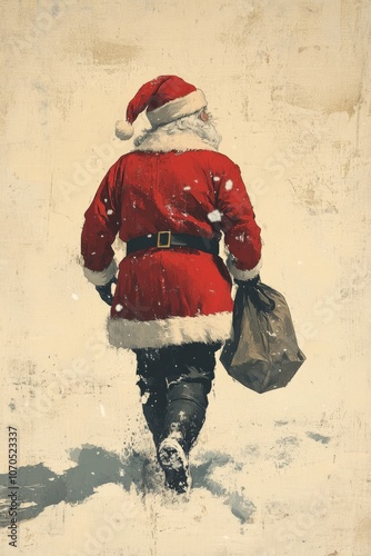 Obraz na płótnie A vintage inspired illustration of santa claus carrying his iconic red suit and white fur hat with dark gray trim holding an old fashioned gift bag w salonie